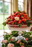 Essen, Obst Garten und Erdbeere Ernte, frisch Erdbeeren serviert im das Landschaft, generativ ai foto