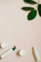 minimal Komposition mit Haut Pflege Kosmetika und Grün auf ein Pastell- Beige Hintergrund. eben legen, Kopieren Raum. foto
