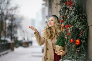 ein ziemlich blond hält ein eingetopft Weihnachten Baum im ihr Hände, welche sie gekauft im ein speichern, und Spaziergänge um das Stadt auf ein Winter Weihnachten Tag. ich angeboten meine Palme zu das angreifen Schnee foto