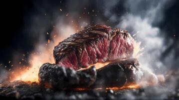 Steak auf ein Teller mit Feuer und Rauch auf ein schwarz Hintergrund. generativ ai Kunst Illustration foto