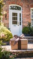 elegant Geschenk Geschäft Lieferung, Post- Bedienung und Luxus online Einkaufen, Paket Box mit ein Bogen auf ein Haus Haustür im das Landschaft, generativ ai foto