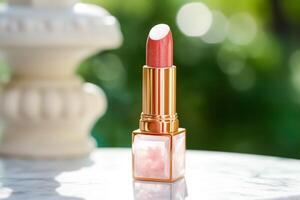 luxuriös Rosa Lippenstift im golden Tube auf Marmor, Schönheit kosmetisch und Luxus bilden Produkt, generativ ai foto