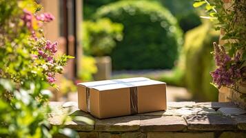 Post- Service, Zuhause Lieferung und online Einkaufen, Paket Box auf ein Haus Haustür im das Landschaft, generativ ai foto