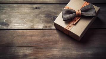 Vaters Tag Konzept, Geschenk mit Krawatte auf rustikal Holz Hintergrund mit Kopieren Raum. generativ ai foto