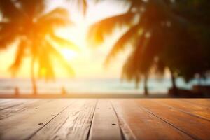 Produkt Präsentation im Natur. verwischen tropisch Strand mit Bokeh Sonne Licht Welle auf leeren alt Natur Holz Tabelle abstrakt Hintergrund. generativ ai foto