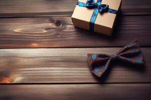 Vaters Tag Konzept, Geschenk mit Krawatte auf rustikal Holz Hintergrund mit Kopieren Raum. generativ ai foto