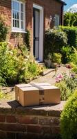 Post- Service, Zuhause Lieferung und online Einkaufen, Paket Box auf ein Haus Haustür im das Landschaft, generativ ai foto