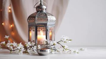 Silber glühend marokkanisch Laterne mit Weiß Blumen, Prunus Baum Blüten auf das Tabelle Hintergrund. iftar Abendessen. Ramadan kareem Gruß Karte, Einladung. eid. generativ ai foto