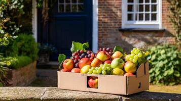 Essen Lieferung, Post- Bedienung und online Lebensmittelgeschäft Einkaufen, Obst Box mit frisch organisch Früchte von ein lokal Bauernhof auf ein Haus Haustür im das Landschaft, generativ ai foto