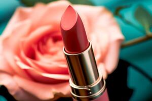 Rosa Lippenstift im ein golden Tube und Blühen Rose Blume, Schönheit kosmetisch und bilden Produkt, generativ ai foto