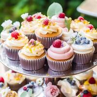 Cupcakes, Kuchen, Scones und Muffins und Urlaub Dekoration draußen beim das Englisch Land Stil Garten, Süss Nachspeisen zum Hochzeit, Geburtstag oder Party Feier, generativ ai foto