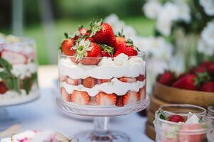 Erdbeere Dessert Buffet Tisch, Essen Gastronomie zum Hochzeit, Party und Urlaub Feier, Erdbeeren Nachspeisen im ein Landschaft Garten, generativ ai foto