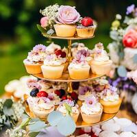 Cupcakes, Kuchen, Scones und Muffins und Urlaub Dekoration draußen beim das Englisch Land Stil Garten, Süss Nachspeisen zum Hochzeit, Geburtstag oder Party Feier, generativ ai foto