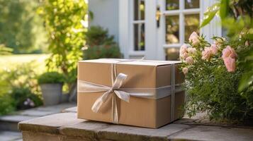 elegant Geschenk Geschäft Lieferung, Post- Bedienung und Luxus online Einkaufen, Paket Box mit ein Bogen auf ein Haus Haustür im das Landschaft, generativ ai foto