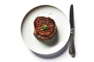 Lager Foto von wagyu Rindfleisch Steak braten im Teller mit Messer und Gabel Essen Fotografie generativ ai