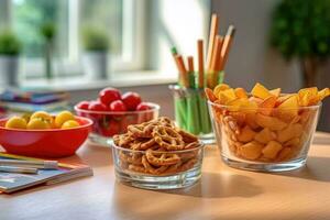 Kalorie Snacks im das Küche Tabelle Essen Fotografie ai generiert foto