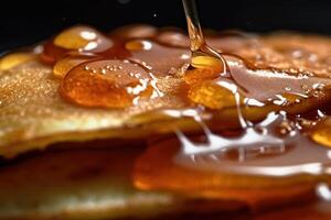 Lager Foto von Pfannkuchen mit Apfel Sirup Essen Fotografie generativ ai