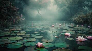 Wasser Lilien im das Teich mit Nebel im das Hintergrund, ai generativ foto