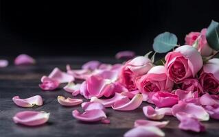 Rosa Rosen auf ein schwarz hölzern Hintergrund. Valentinsgrüße Tag Hintergrund ai generativ foto