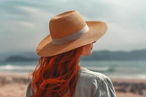 Rückseite zurück Aussicht Ingwer behaart Dame im Stroh Hut genießen Sommer- Tag durch Meer Ufer. ai generativ. foto