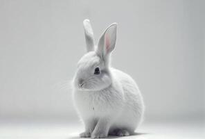 Vorderseite Aussicht von süß Baby Kaninchen auf Weiß Hintergrund , wenig süß Kaninchen Sitzung mit schön Aktion auf Weiss, generativ ai foto