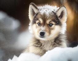 Porträt süß Wolf Baby Hündchen spielen im Winter Schnee , generativ ai foto