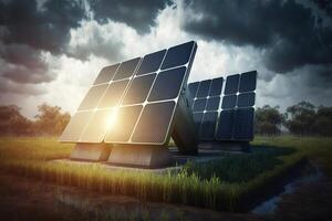 groß Solar- Paneele im Natur, sonnig klar Tag. Grün verlängerbar Energie Konzept. generativ ai foto