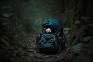 fehlt Kind Konzept. verlassen Kinder- Schule Rucksack mit Teddy Bär Vergessene im dunkel Wald. generativ ai foto