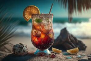Nahansicht exotisch Cocktail mit Eis im Glas auf Sand auf Strand in der Nähe von Wasser, tropisch erfrischend trinken. Urlaub, Entspannung Konzept. generativ ai foto