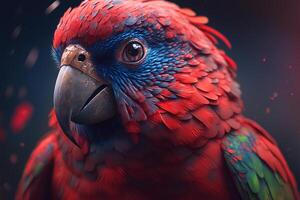 Porträt Kopf von schön rot tropisch Papagei mit Schnabel suchen beim Kamera, draußen. Nahansicht exotisch Vogel. generativ ai foto