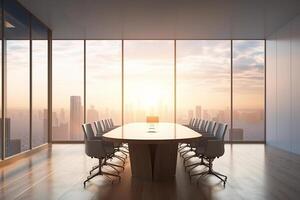 schließen oben von Konferenz Zimmer mit das Tisch, Sessel und ein groß Fenster. ai generiert foto