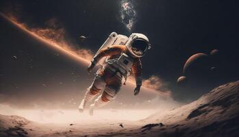 Astronaut schwebend im Raum, braun Landschaft, 4k. ai generiert foto