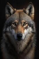 Wolf Porträt auf dunkel Hintergrund. ai generativ foto