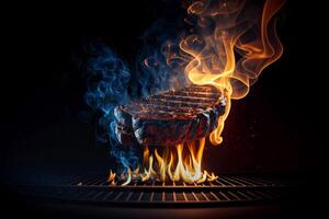 Steak ist Kochen auf ein Grill mit Flammen im das Hintergrund von das Grill, generativ ai foto