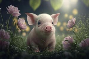 süß Schwein auf Wiese mit Blumen, generativ ai foto