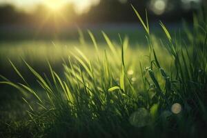 schließen frisch Gras Hintergrund mit Sonnenlicht, generativ ai foto