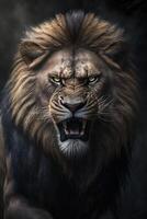 wütend alt Löwe König auf schwarz Hintergrund, generativ ai foto