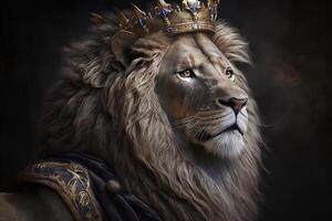Porträt Erwachsene Löwe gekleidet mögen ein König mit ein Krone, generativ ai foto