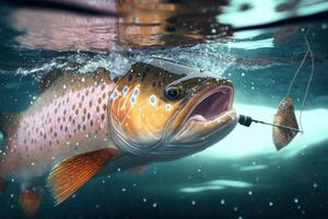 groß räuberisch Fisch im Lebensraum unter Wasser suchen zum Beute. Angeln Konzept, generativ ai foto