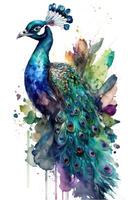 Illustration Pfau im Aquarell. Tier auf ein Weiß Hintergrund, generativ ai foto