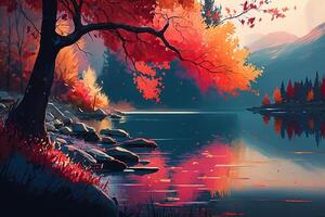 schön Herbst Natur. Fluss, rot Blätter Baum, Berg Landschaft. generativ ai foto