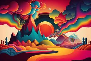 mehrfarbig Berge, Baum, Himmel, Fantastisch Natur. surreal psychedelisch halluzinogen Fantasie Landschaft. generativ ai Illustration foto