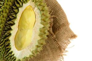 schließen oben von Gelb Durian im Seite mon Tanga Durian Obst isoliert auf Weiß foto