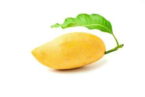 köstlich reif Gelb Mango mit Grün Blatt isoliert auf Weiß foto