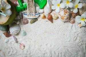 Muscheln und Plumeria Blumen auf Sand Hintergrund, foto