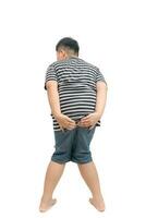 fettleibig Junge mit Hämorrhoiden oder Durchfall isoliert auf Weiß. foto