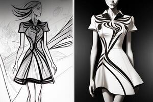 einfarbig skizzieren von weiblich Mode, Kleid auf ein Mannequin Modell. generativ ai Illustration foto