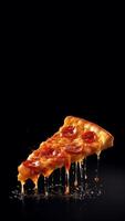 lecker Scheibe von Peperoni Pizza und Kochen Zutaten Tomaten Basilikum auf schwarz Hintergrund. Vorderseite Aussicht horizontal von heiß Peperoni Pizza mit Kopieren Raum zum Text. eben legen erstellt mit generativ ai foto