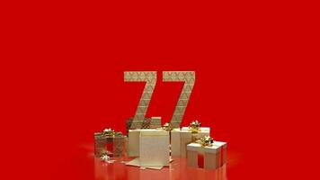 das Gold Nummer 7.7 auf Geschenk Box auf rot Hintergrund zum Beförderung Konzept 3d Rendern foto
