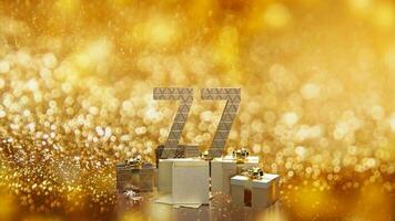 das Gold Nummer 7.7 auf Geschenk Box auf Luxus Hintergrund zum Beförderung Konzept 3d Rendern foto